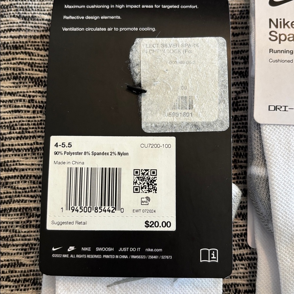2 Nike Spark Crew Running Socks DRI-FIT Cushioned White Gray size 5.5 to 7 - Picture 3 of 3